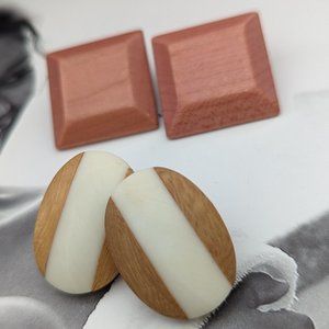 Vintage Wooden Pierced Earrings Fabulous 1970's Post Geometric One is Bone-Wood